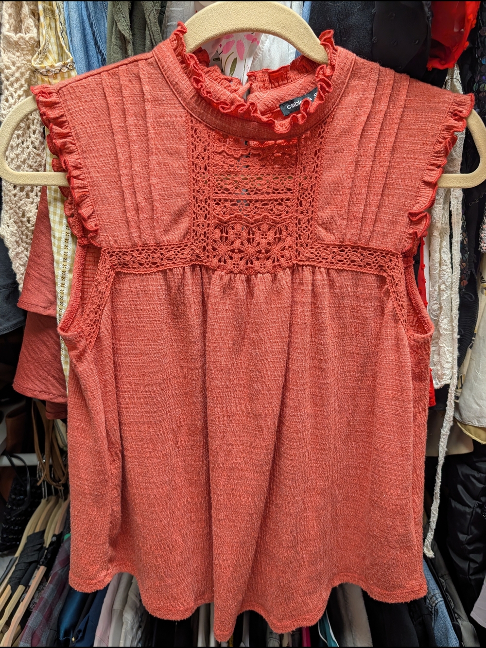 Cable & Gauge Rust Ruffle Crochet Yoke Sleeveless Top